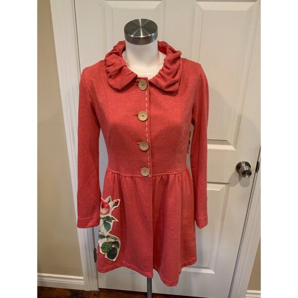 Nick & Mo Light Red Wooden Button Coat w/ Floral Patch, Size Small - Picture 1 of 7